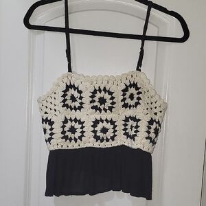 Rebellion Black and Cream bold Patterned Crochet Crop Top sz. M Spaghetti strap